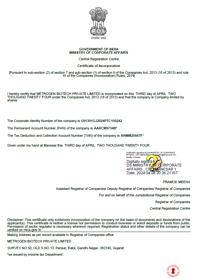 INCORPORATION CERTIFICATE